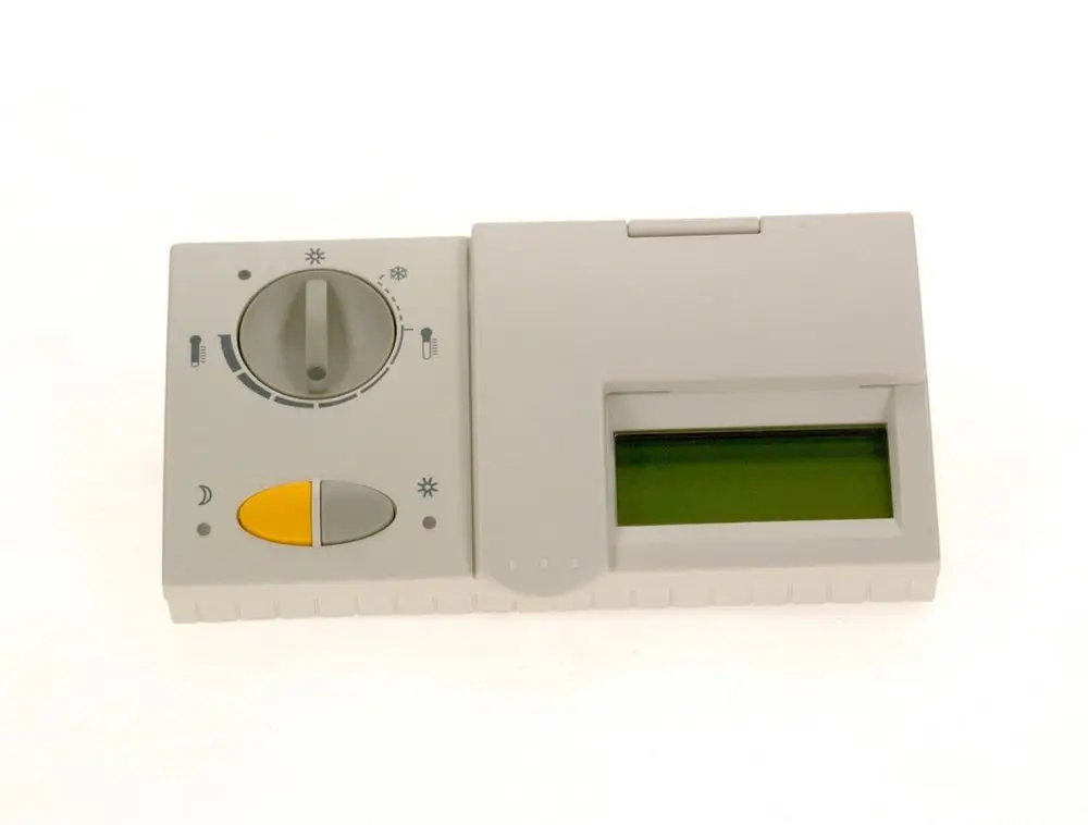 Thermostat von Bosch mit Drehregler und LCD-Display. Tasten zur Temperaturregelung und Anzeige von Heiz- oder Kühloptionen. Grafiken zur Temperaturanzeige sind sichtbar.